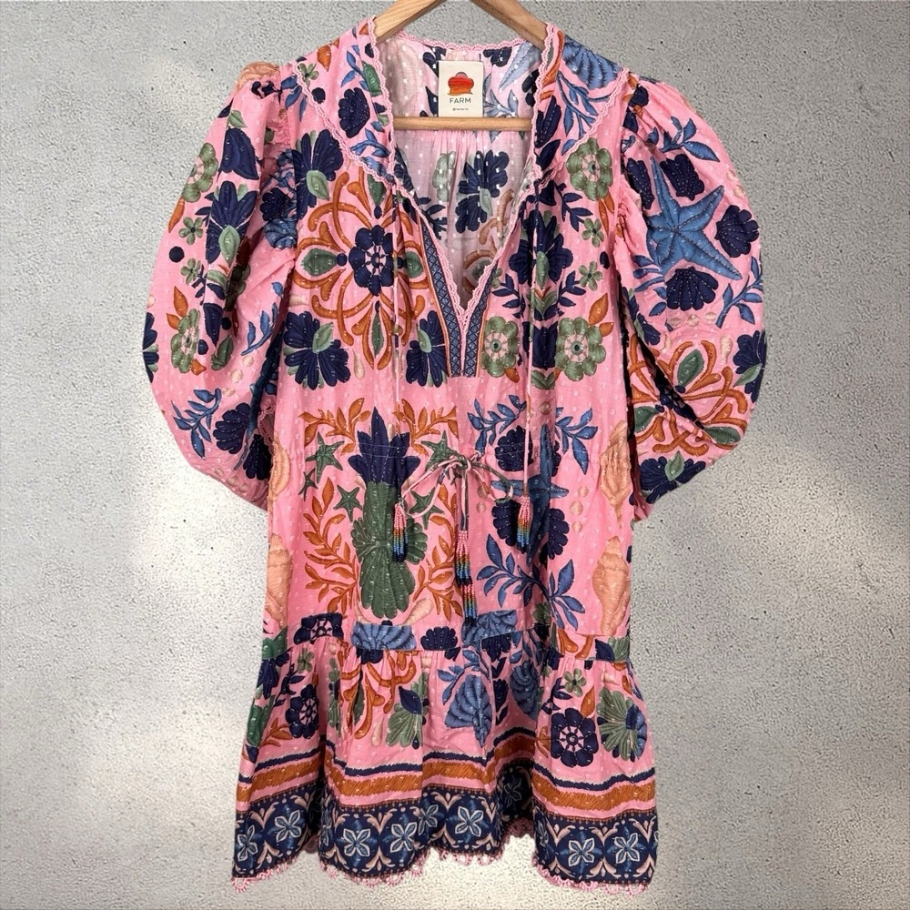 FARM RIO Seashell Tapestry Mini Dress Organic Cotton Puff Sleeves Tassel Sz L - Picture 5 of 9